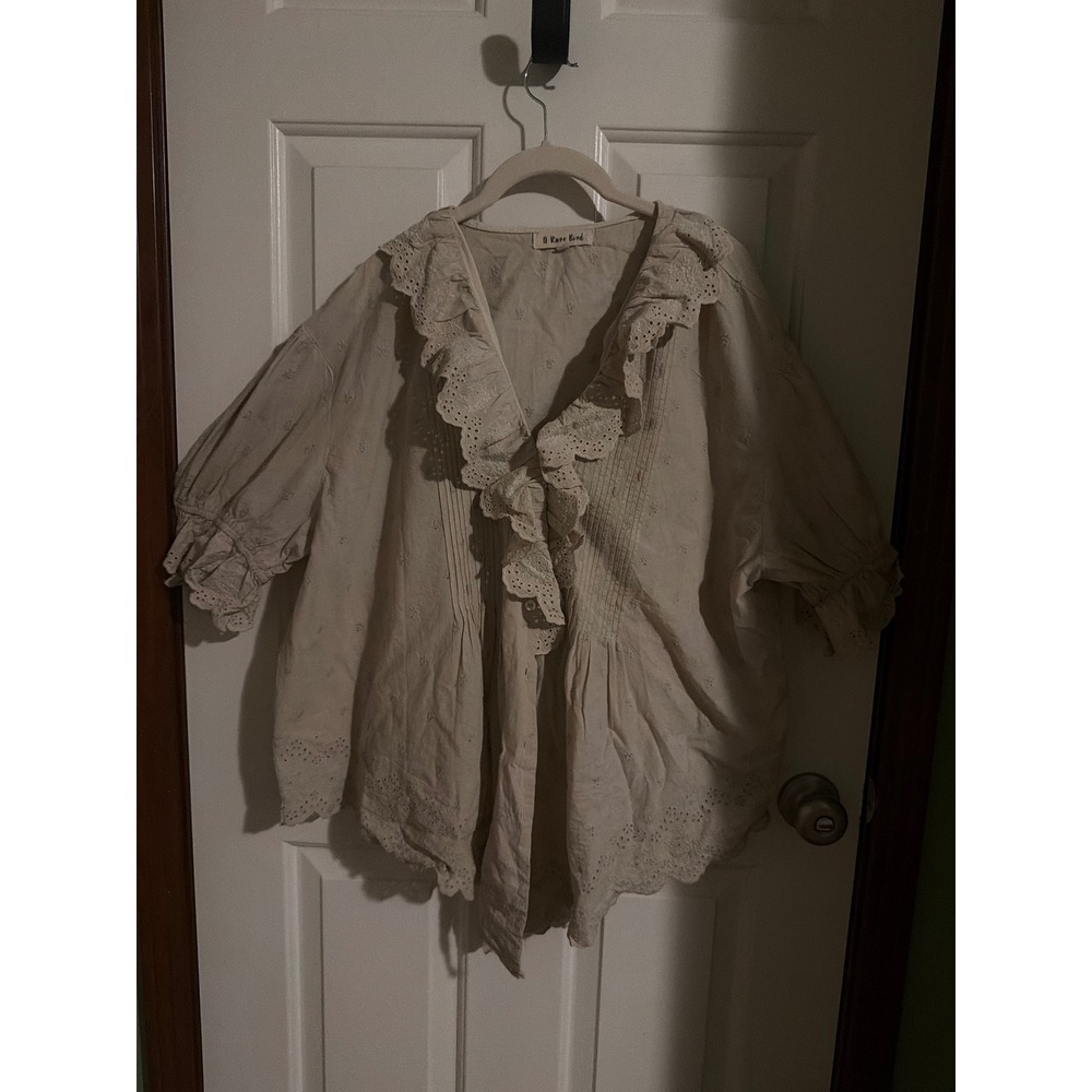 A Rare Bird Cream Eyelet Lace Ruffle Blouse Oversized Boho Puff Sleeve Top O/S
